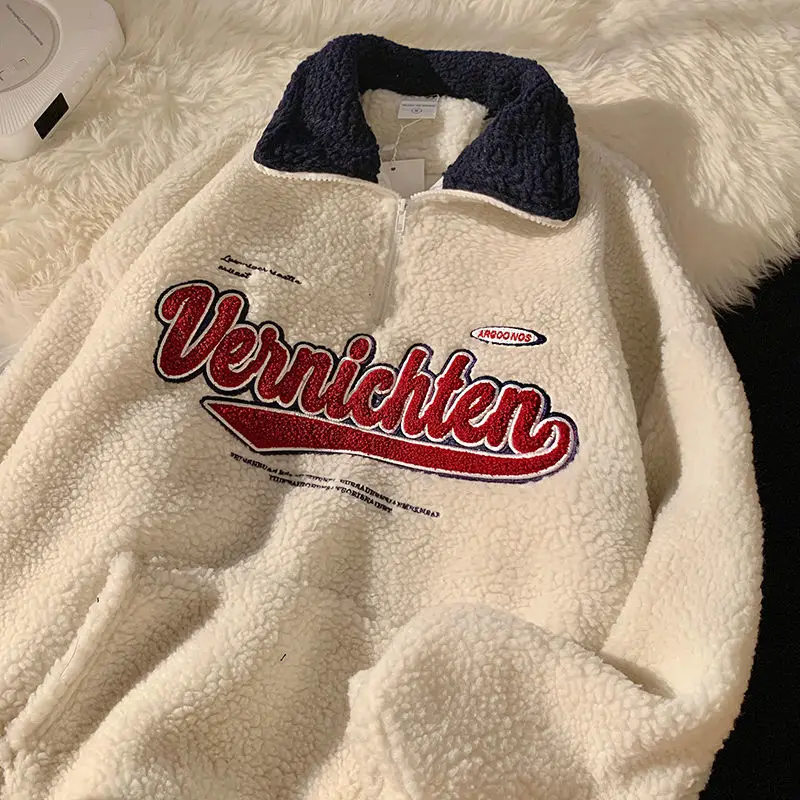 

New Vintage Punk Sweatshirts Women Casual V-neck Long Sleeve Letter Embroidery Hoodie Harajuku Baseball Oversized Pullovers Tops