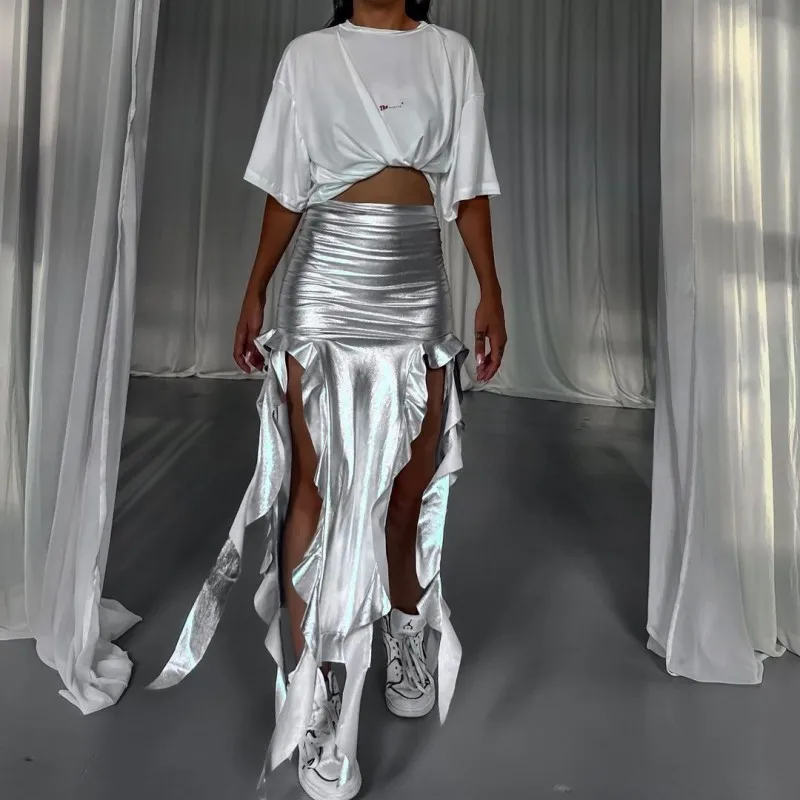 Y2k Tassel Metallic Silver Skirt Women Ribbon PU Green Shiny Irregular High Waist Bodycon Side Slit Party Maxi Skirts