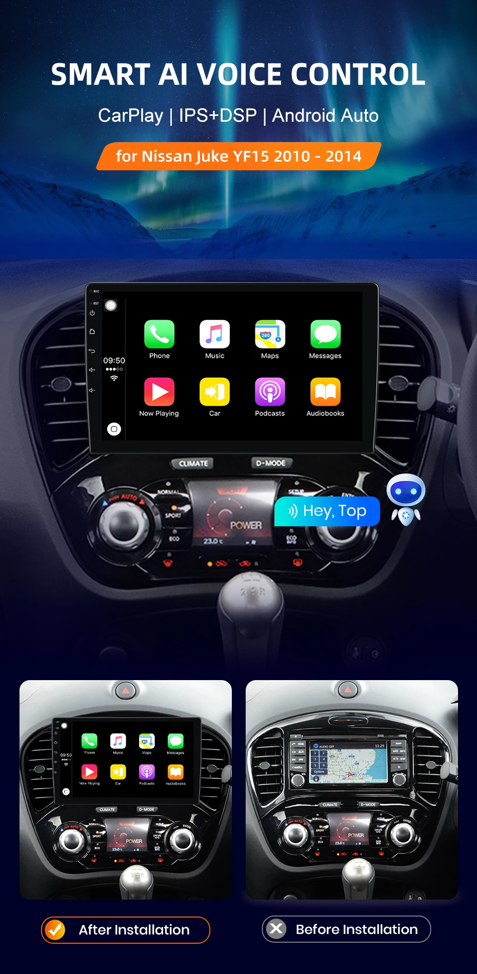 Für Nissan Juke 2010-2014 Drahtlose CarPlay für Apple Android Auto Auto Radio GPS IPS RDS FM WiFi BT 4G 8Core Multimedia Stereo – Detail 2
