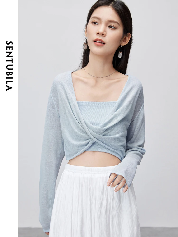 SENTUBILA Casual Cropped V-neck Knitted Pullovers 2024 Summer Fashion Loose Thin Soft Long Sleeve Top Woman Clothing W42H55450 3