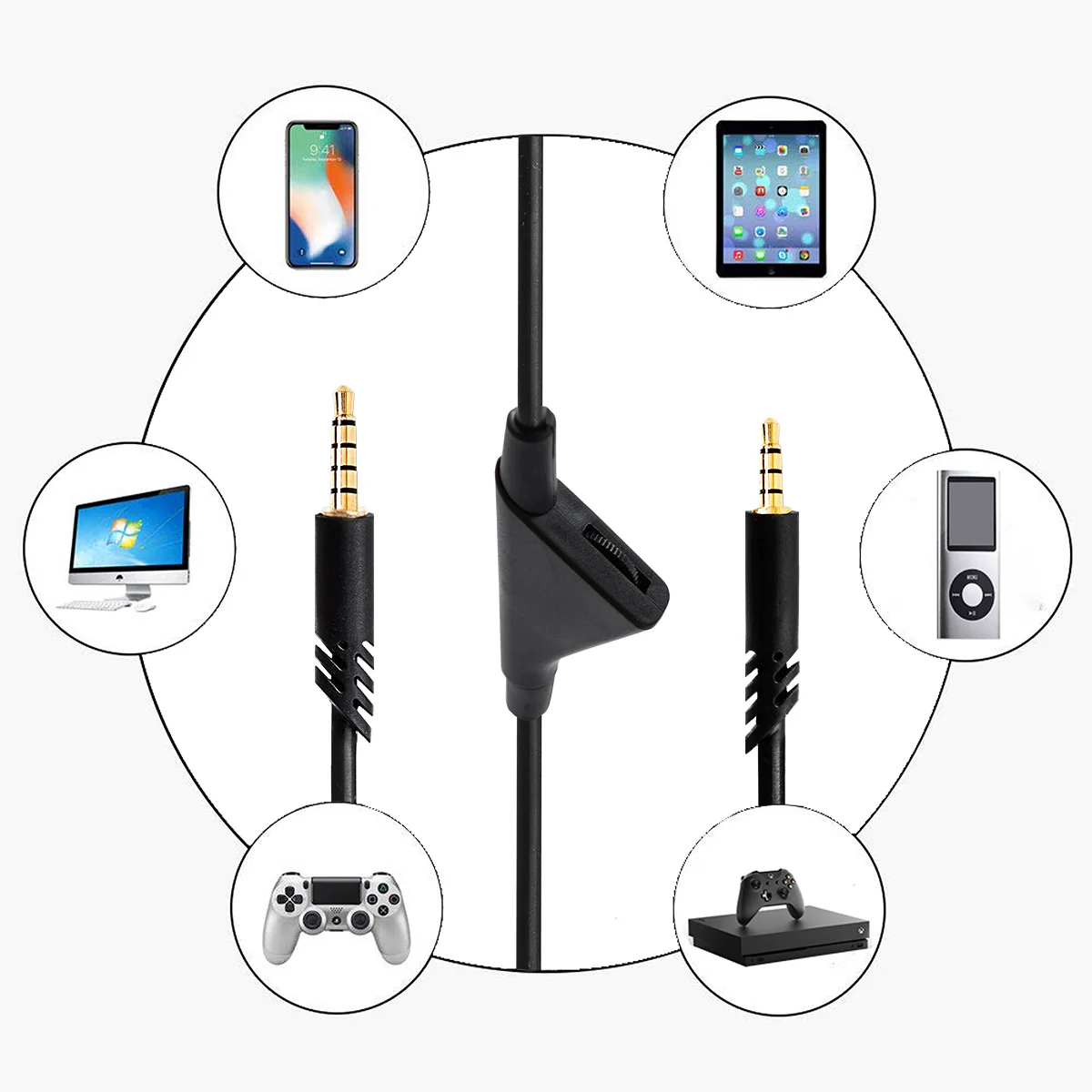 Replacement Black Audio Cable for Logitech Astro A10 A30 A40 A40TR Headphone Accessories Extension Cord with Mute Volume Control