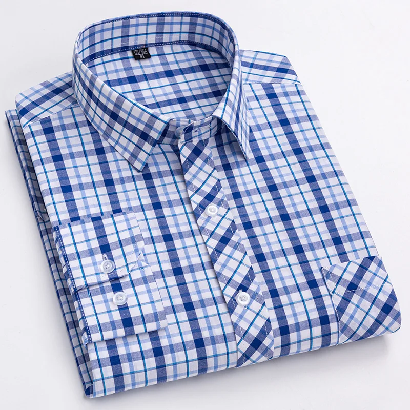 Men's Versatile Casual Plaid Oxford Cotton Shirt Front Chest Pocket Regular Fit Single-Breasted Button Thick Collar Dress Shirt