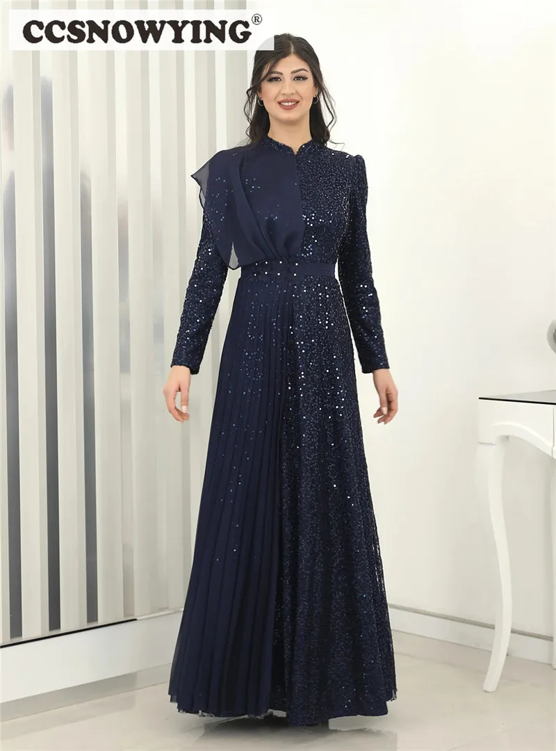 

Sparkly Sequin Long Sleeve Muslim Evening Dresses Glitter Islamic Hijab Formal Party Gowns Women Arabic Kaftan Robes De Soirée