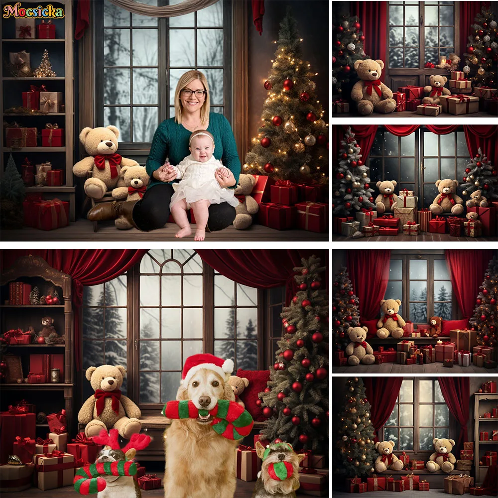 

Photography Background Red Christmas Ball Decor Xmas Tree Backdrop Booth Window Curtain Teddy Bear Gift Baby Portrait Photozone