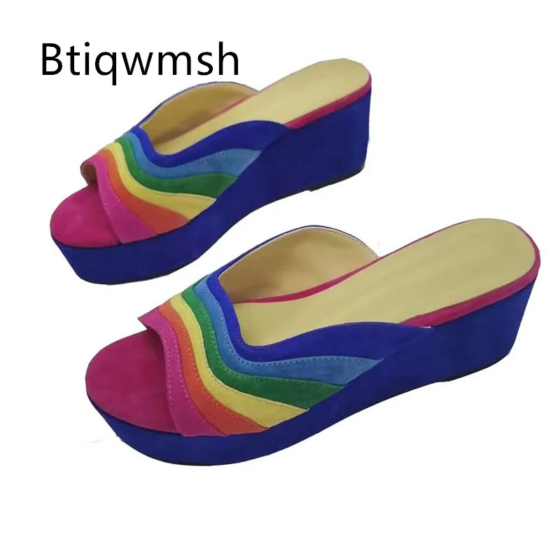 

Rainbow Color Platform Sandals Woman Open Toe Blue Pink Yellow Wedges High Heels Lady Sexy Party Shoes