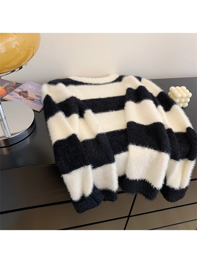 

Женский трикотажный свитер в черную полоску, черный джемпер с длинным рукавом в Корейском стиле 90-х годов, Y2k Emo 2000s, винтажная одежда