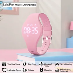 Waterproof Kids LED Digital Silicone Wristband with Vibrating Alarm and Rechargeable Battery (Light Pink)