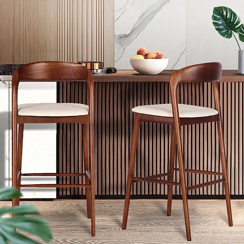 Nordic Solid Wood Bar Chairs Light Luxury Bar Stool Home Kitchen High Stools Simple Front Desk Reception Chair with Back