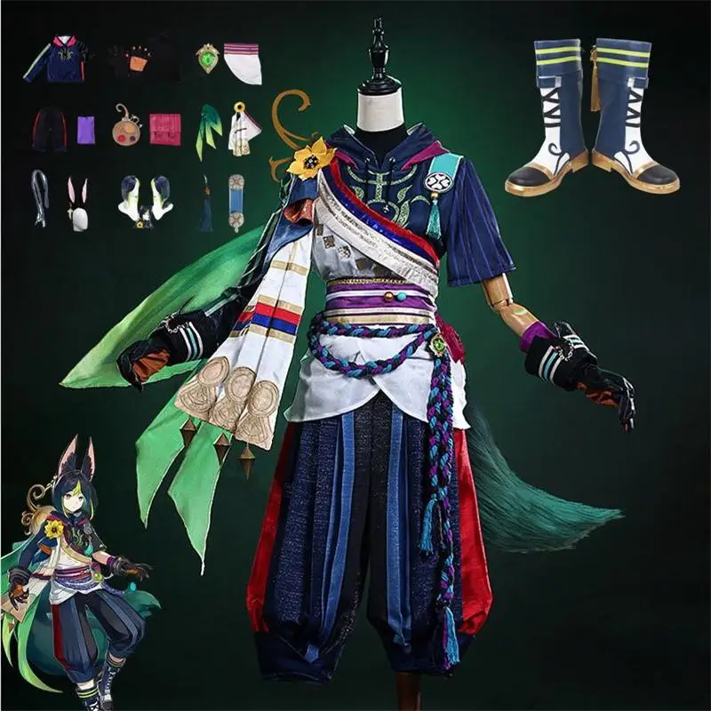 

Game Impact Tighnari Cosplay Costume Wig Hair Shoes Gen Tighnari Tail Shin Costumes with Ears Cosplay Accessories Women Men Suit