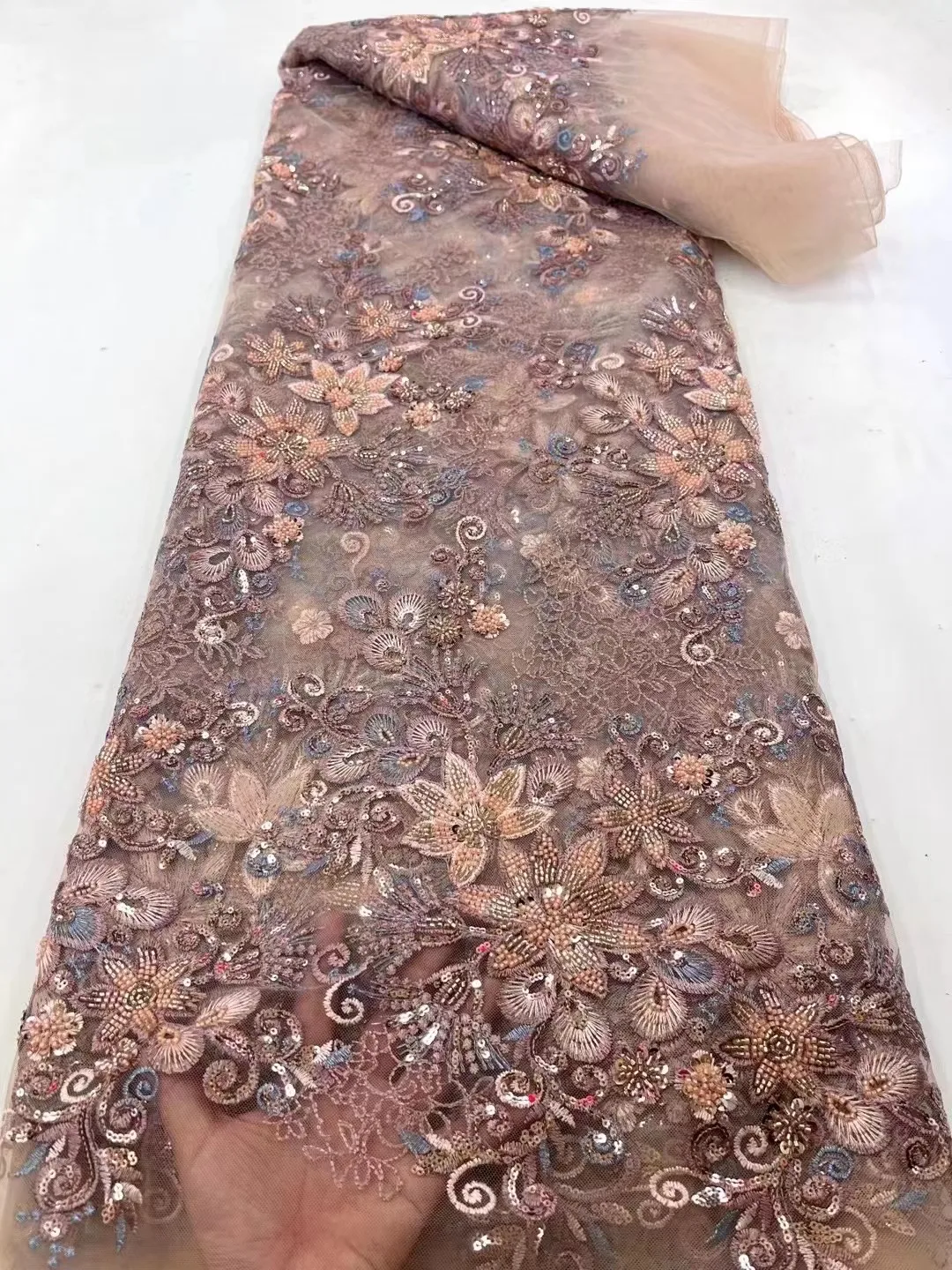 

African Handmade Beads Laces Fabrics Luxury Nigerian Sequins Mesh Lace Fabric French Bride Tulle Lace For DIY Wedding