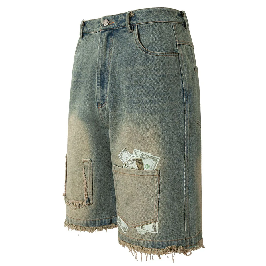 Vintage Men Denim Shorts Pokcet Patchwork Casual Loose Shorts Streetwear Harajuku Hip Hop