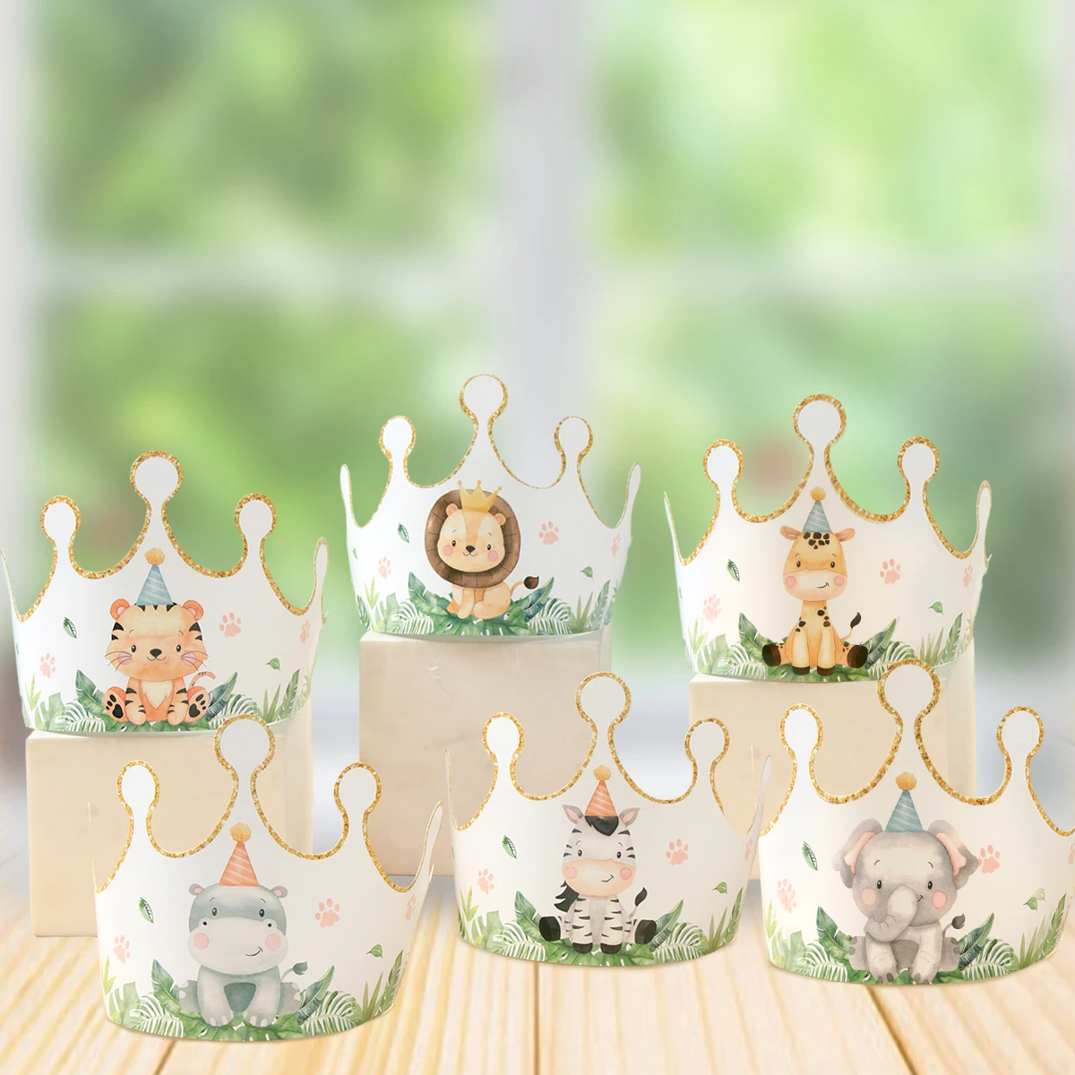 6pcs Cartoon Jungle Animal Party Paper Caps Crown Party Hats Gift For Kids Wild One Birthday Woodland Baby Shower Supplies party hat birthday crown