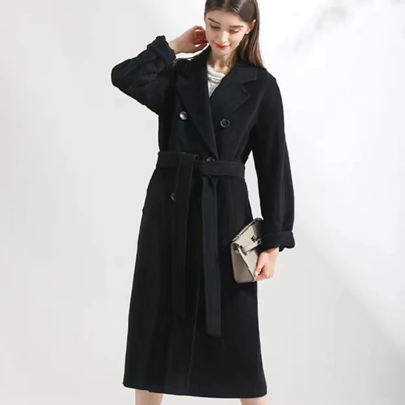 2023 Winter New Women High-End Temperament Double-breasted Woolen Coat Female Fashion Lapel Solid Color Long Casual Outwear