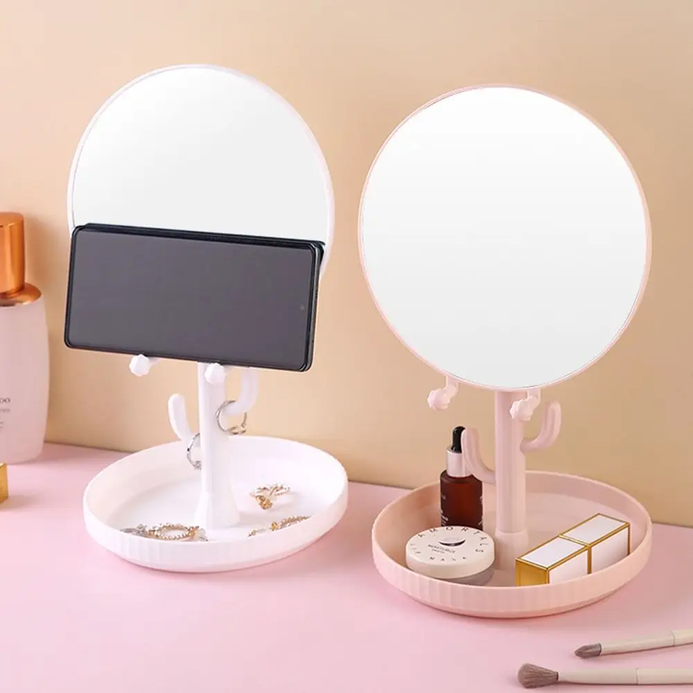 

Cartoon Cactus Vanity Mirror High-definition Detachable Touch Up Mirror Jewelry Organizer 360 Degree Rotation