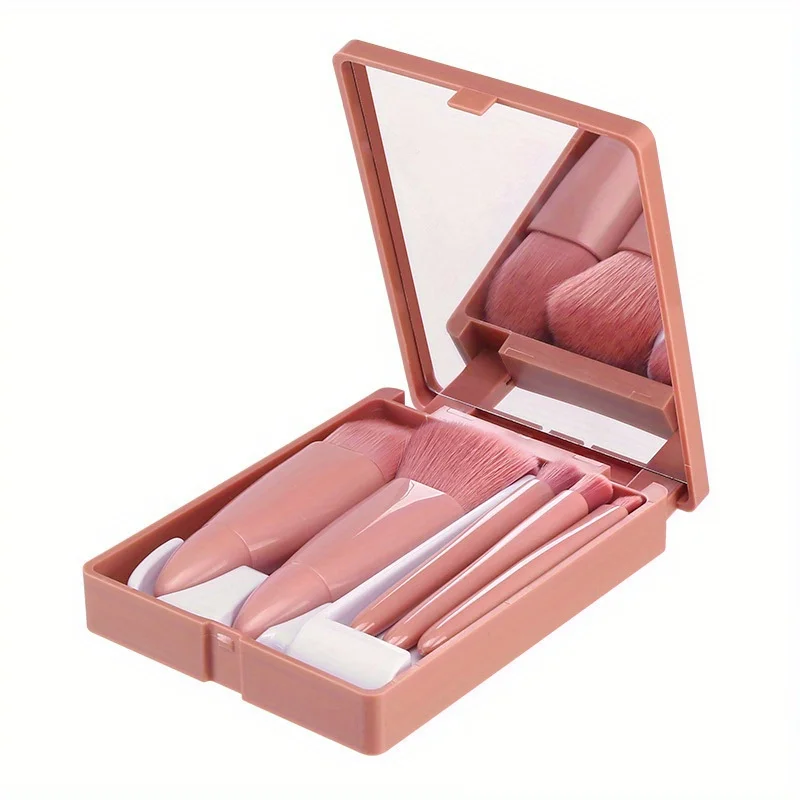 5-Piece Mini Makeup Brush Set With Mirror, Soft Bristles, Precise Makeup, Easy To Create A Perfect Makeup,Suitable As A Gift