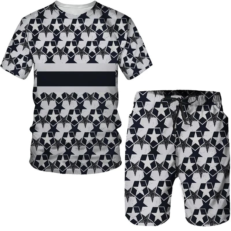 Summer men's jogging Sportswear Brand fashion two-piece dot geometry 3D printing short sleeved T-shirt+shorts casual suit