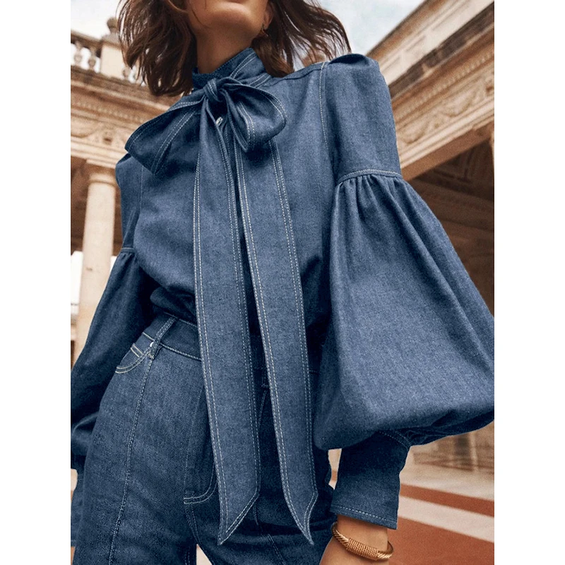 Gymystars New Trendy Imitation Denim Blouse Tops for Women Long Puff Sleeves Bow-Embellished High Neck Women's Autumn Shirts 1