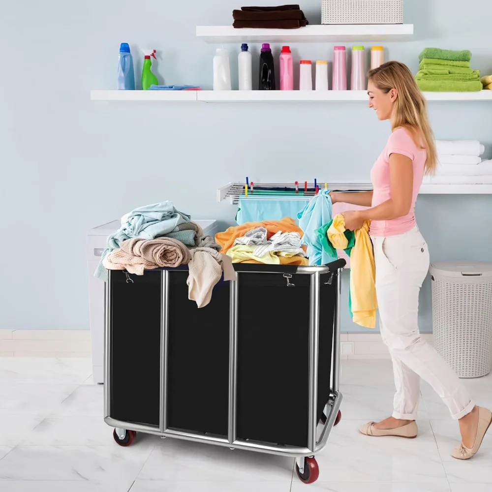 Industrial Laundry Cart 11.35 Bushel Capacity Stainless Steel Basket with Wheels Commercial Linen Hamper Hotels Hospitals