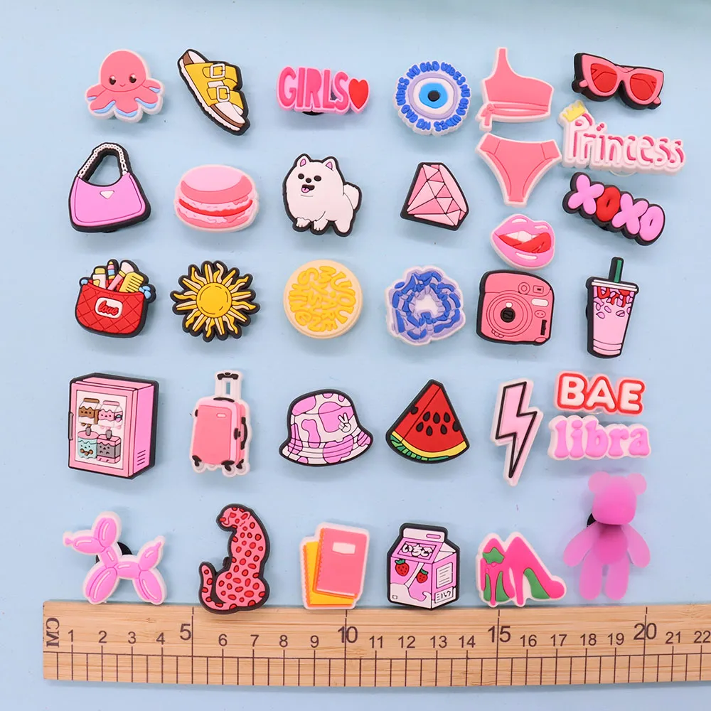 

Mix 50PCS PVC Sandals Shoes Decoration Suitcase Lightning Camera Heels Book Drink Milk Bear Sun Macaron Lips Croc Charms