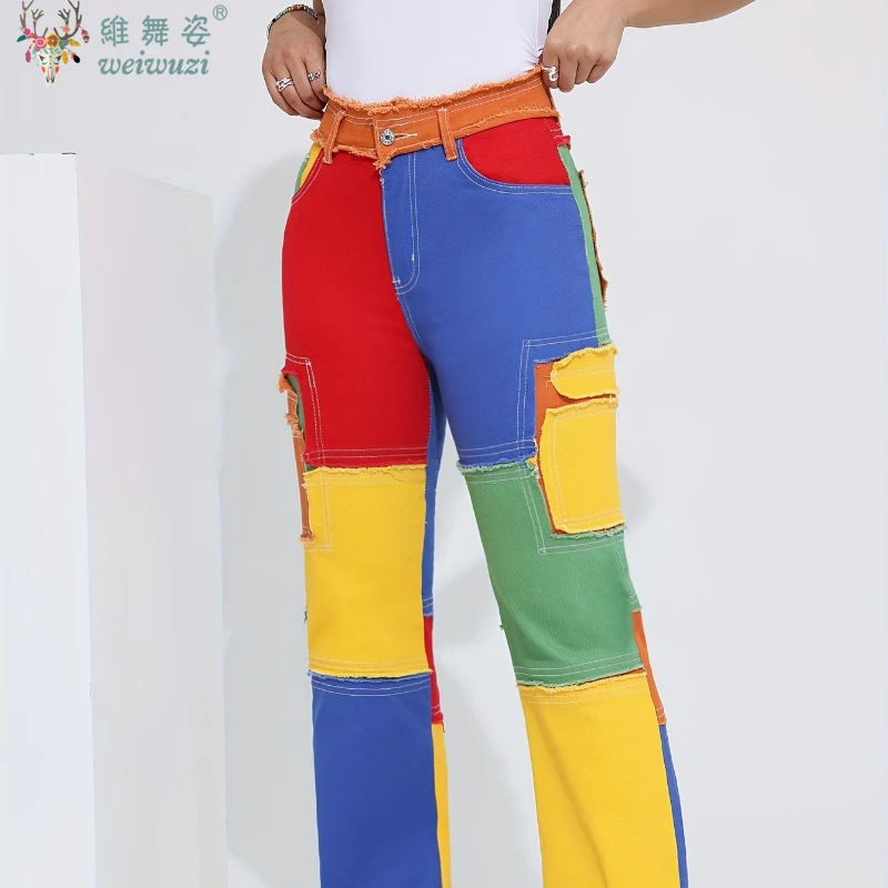 Y2K Women Colorful Jeans Distressed Hight Waist Denim Pants Loose Color-blocked Streetwear Energetic Cool HipHop Straight Jeans 6