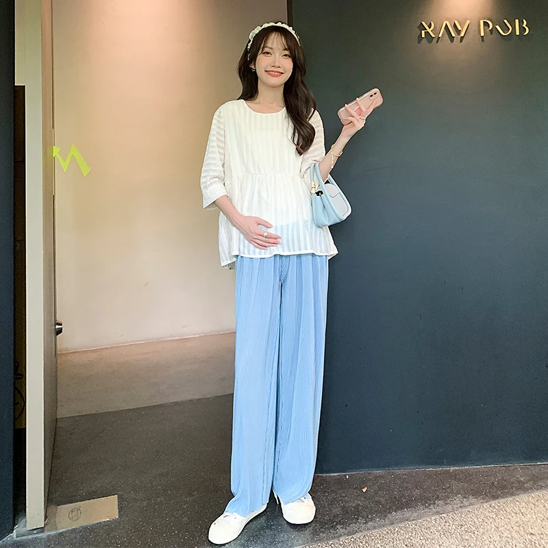 Korean Style Plus Size Maternity Clothes Set Half Sleeve Loose Shirts+Belly Pants Twinset Pregnant Woman Trousers Suit