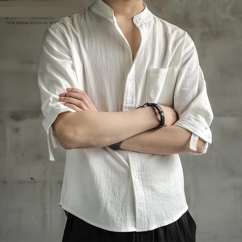 

Chinese Style Linen Short-sleeved Shirt Men's Trend Three-quarter Sleeve Large Size Shirt Casual All-match Button Up Shirt