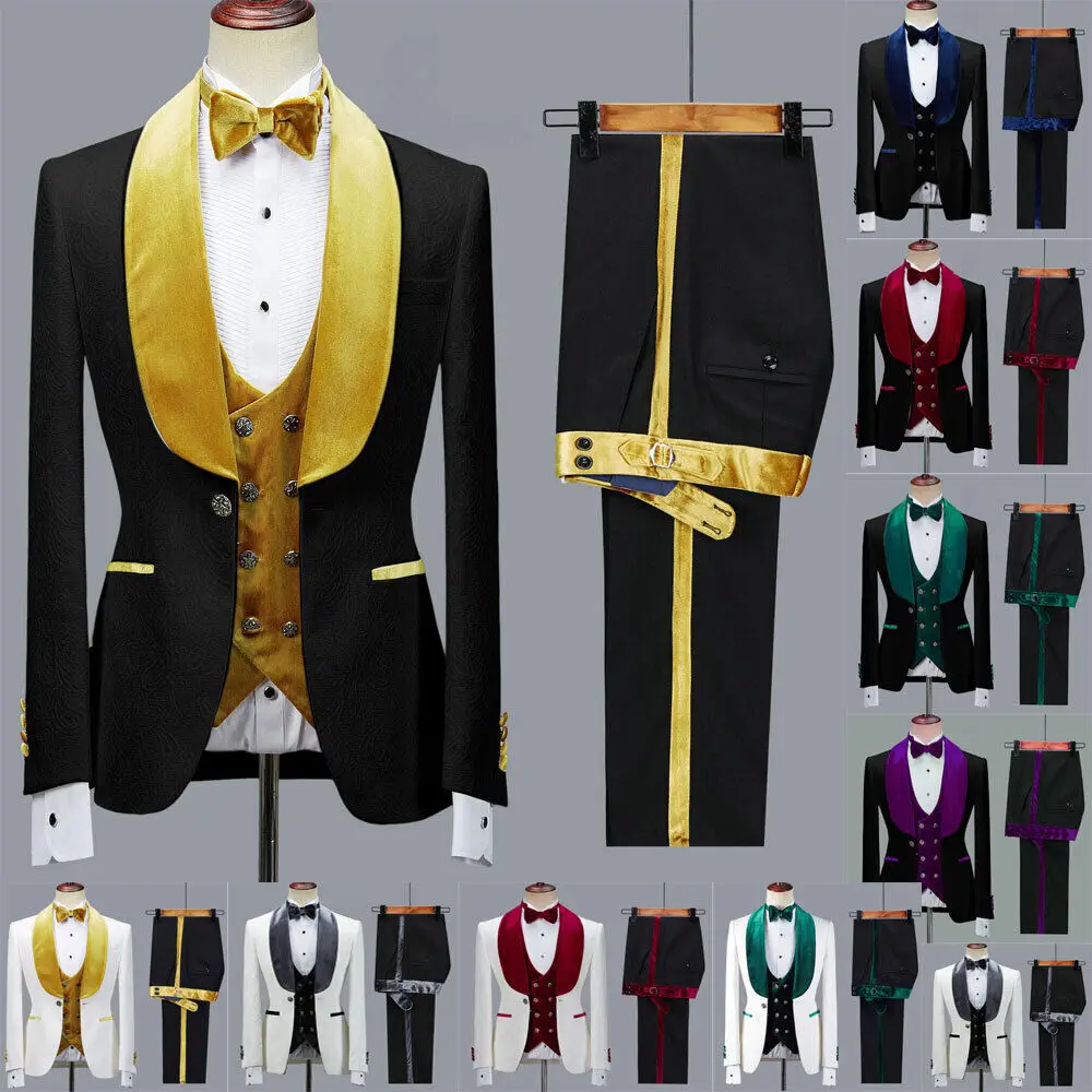 

Men Suits Wide Velvet Lapel Formal Groom Wedding Tuxedos Tailored Blazer 3 PCS