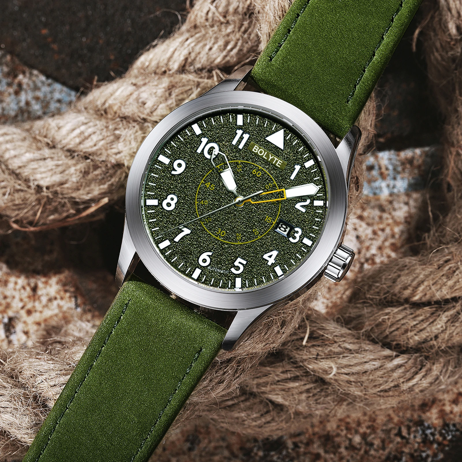 BOLYTE New Fashion Yellow Dial Black Case Date Display Leather Strap Men's Mechanical Watch Business Male Automatic Wristwatches