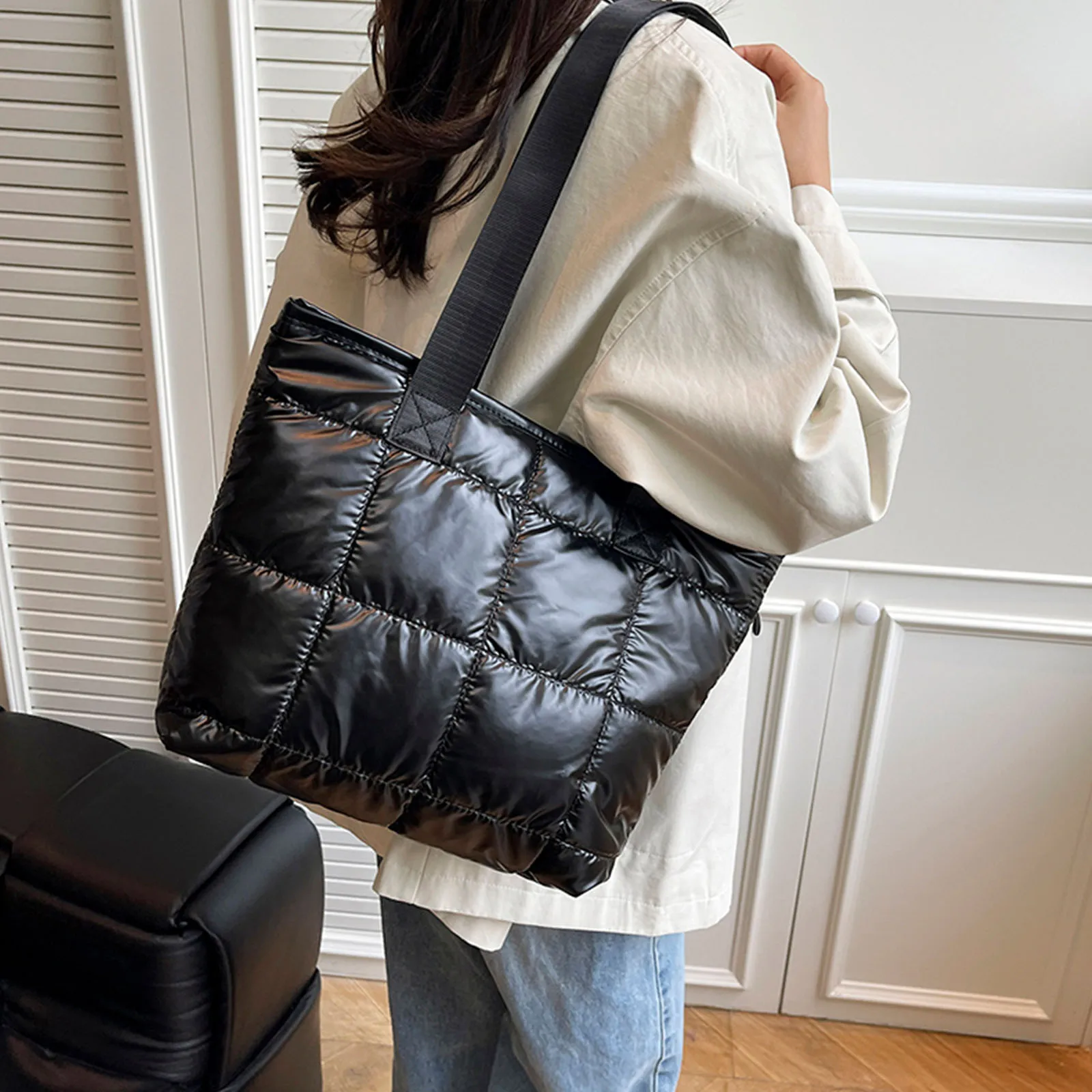 Women Cotton-Padded Quilted Underarm Bag Large-capacity Embroidery Thread Commuter Bag for Office Shopping Travel & Daily Use