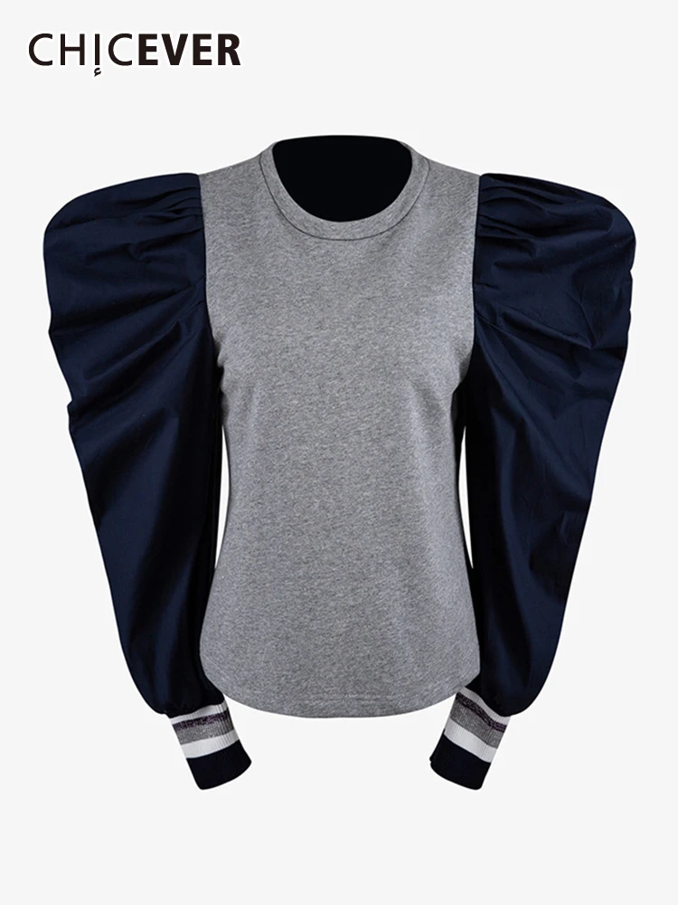

CHICEVER Hit Color Slimming Sweatshirts For Women Round Neck Puff Sleeve Casual Folds Autumn Pullover Sweatshirt Female 2023 New