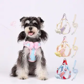 Cute Checkered Bow Tie Dog Harness Anti-Pull Dog Collars Adjustable Pet Harnesses Vest For Small Medium Dogs Walking Pet Supplie