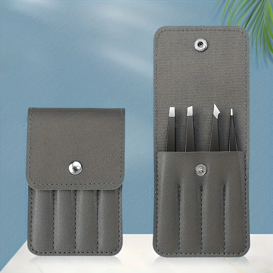 스테인리스 스틸 눈썹 핀셋 세트 인조 속눈썹용 네 피스 브라운 케이스 휴대용 눈썹 메이크업 도구