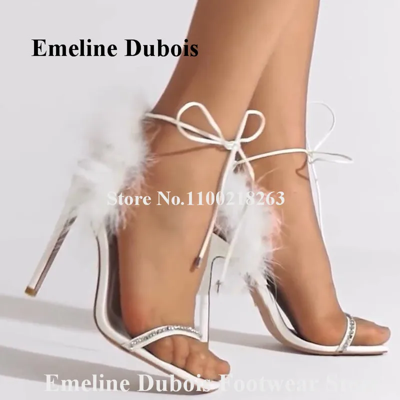 

Charming Fur Decorated Sandals Emeline Dubois Shining Rhinestones Strap Back Feather Stiletto Heel Dress Shoes Lace-up Heels