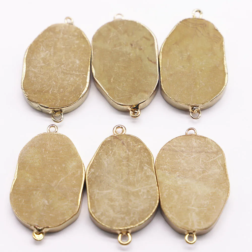 New Natural Stone Oval Pendants Connector Section Mineral Healing Silver Edge Necklace Charms Diy Fashion Jewelry Wholesale 6Pcs