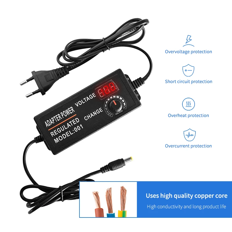 Adjustable AC/DC Power Supply 3-12V 5A - Variable Voltage Converter With Display