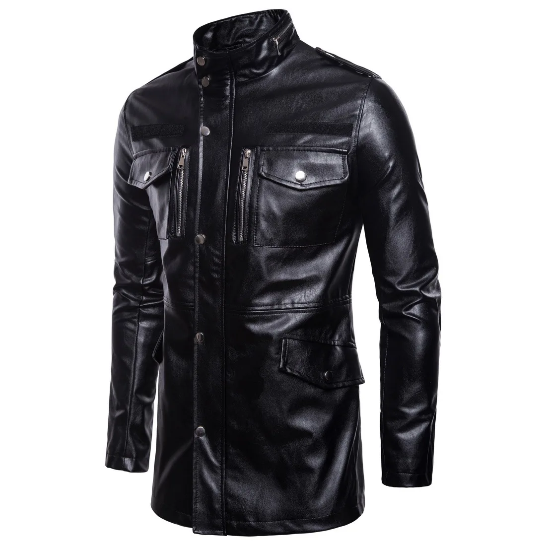 Autumn New Mid-length Leather Jacket Stand-up Collar Four-pocket Biker Leather Jacket for Men 3