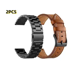 Set of 2 Steel and Leather Watch Bands - Stylish 22mm Sports Bracelet Wristbands - 22mm (Black)