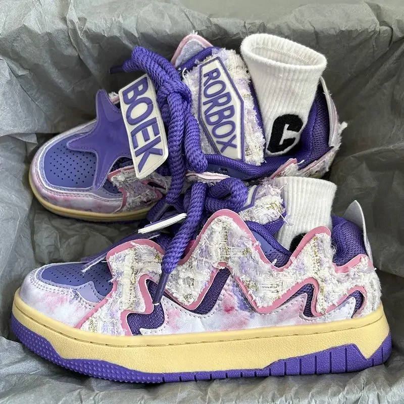 

Purple Color Skateboarding Shoes Women Men Casual Sneakers 2024 Design Unisex Flat Sole Leather Sports Shoes Free Shipping