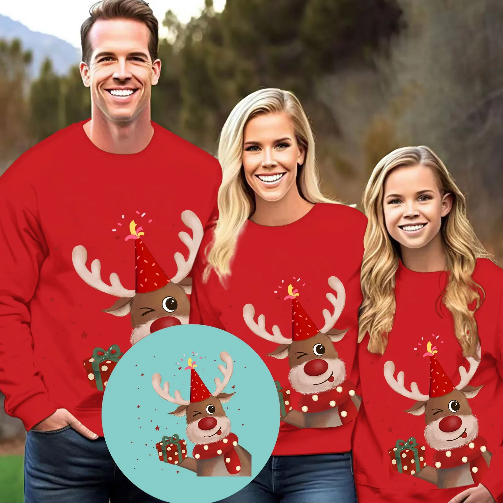Sudadera con cuello redondo y forro polar para padres e hijos, con estampado de renos de dibujos animados en 3D, para Navidad y otoño