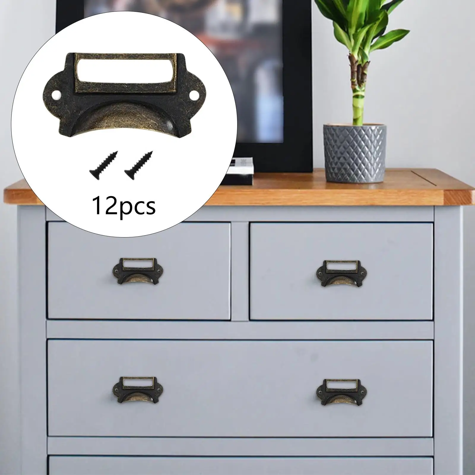 12 Pieces Metal Cabinet Handles Tag Holder with Screws, Retro Style Bronze  Color Drawer Pulls for Furniture Office Cupboard