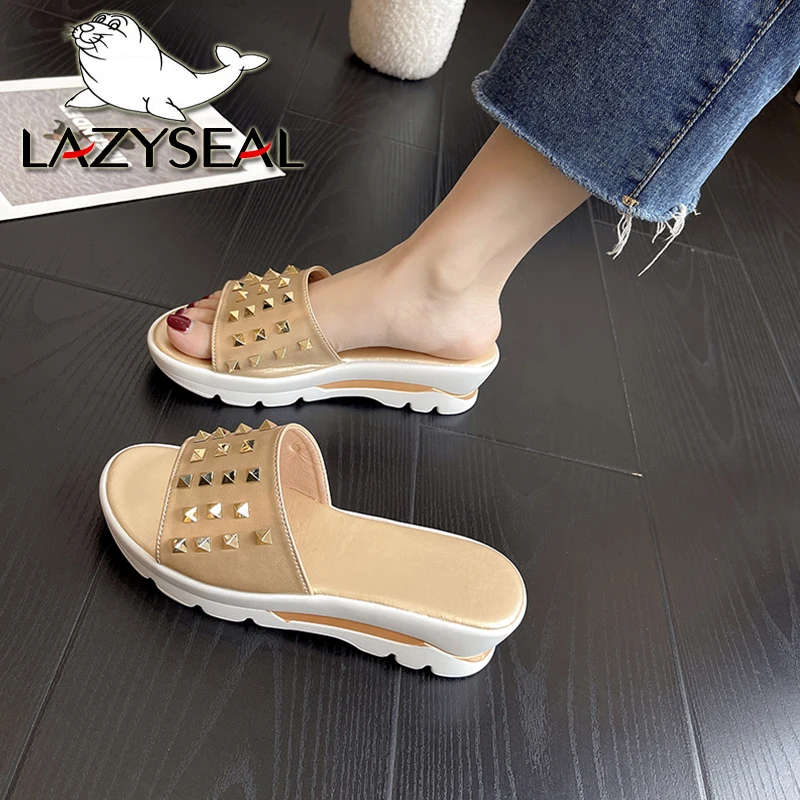 LazySeal Wedge Slides Rivet Decoration Women's Wedges Beach Casual Female Platform Peep Toe Shoes Plus Size 43 Slipper Sandalias