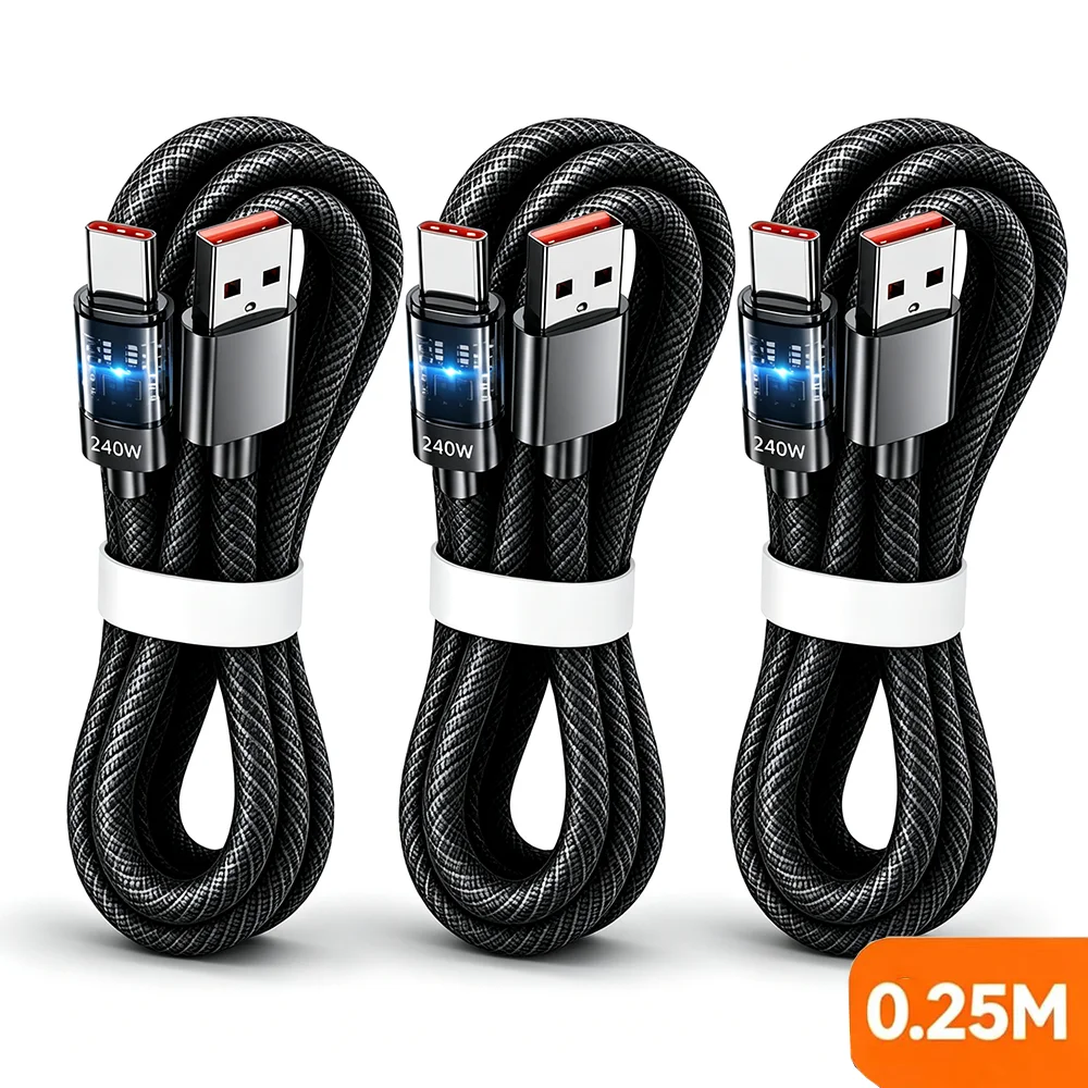 Ultra-Durable 240W USB C Quick Charging Cable - 3 Pack Nylon Braided Transparent Charger Cord