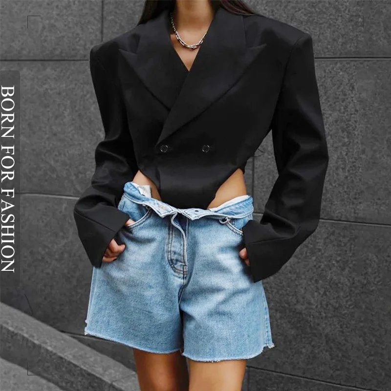 Fashion Long Sleeve Shoulder Pads Blazer Jacket Women Sexy Cutout