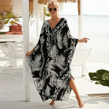 Women's Plus Size Animal Print V-Neck Batwing Kaftan Beach Dress Bathing Suit Cover-Up Loungewear 1