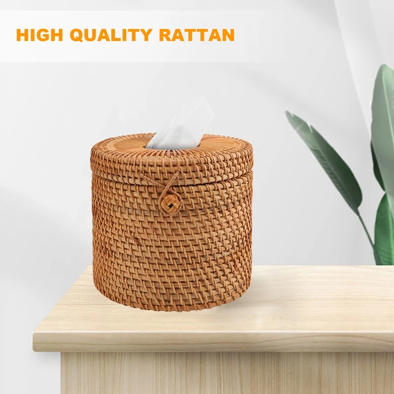 Round Rattan Tissue Box Vine Roll Holder Toilet Paper Cover Dispenser For Barthroom,Home,Hotel And Office 3