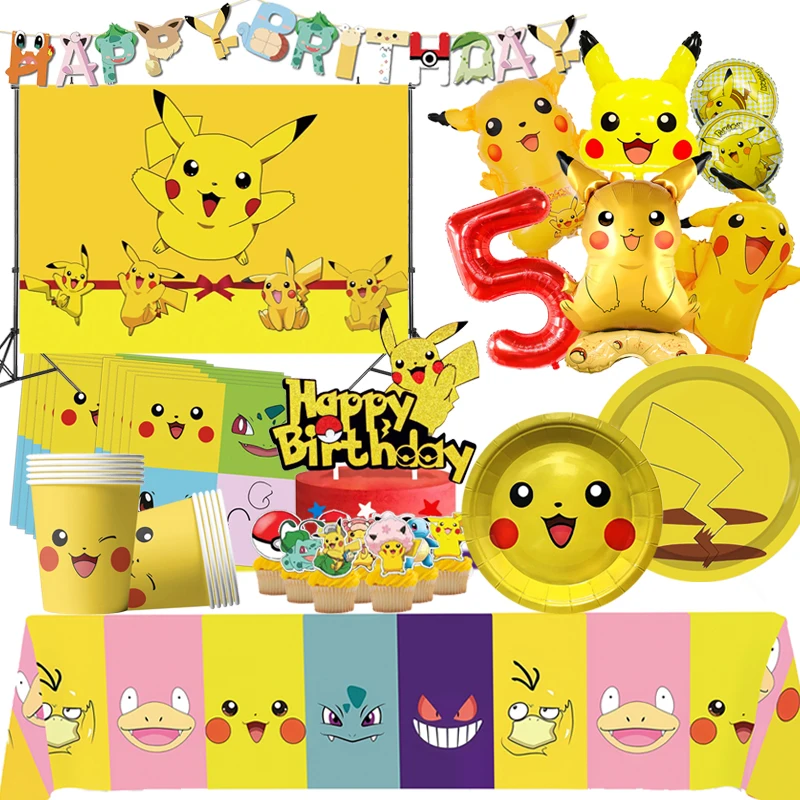 New Pokemon Birthday Decoration Pikachu Balloon Party Supplies Disposable Tableware Tablecloth Straws Cup Plates Baby Shower Toy