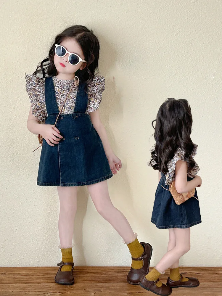 Girls' Suit Summer New Flounced Sleeve Floral Shirt+Denim Suspender Skirt2Set Children One Piece Dropshipping