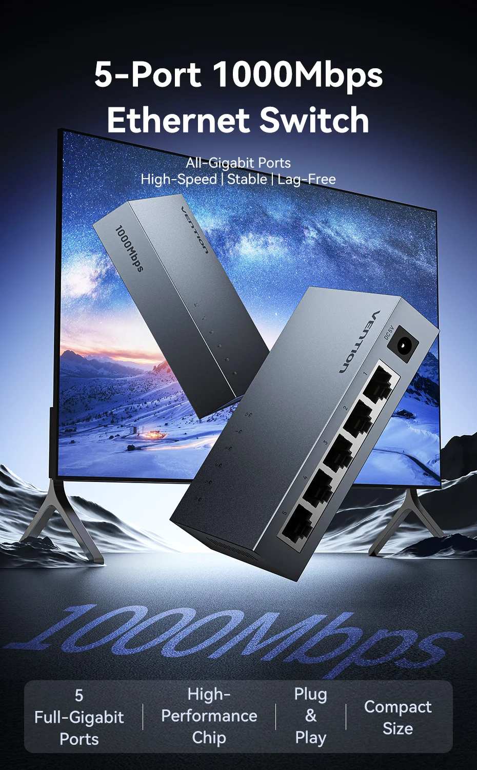 Ethernet Switch 1000Mbps 5 Port Network Smart Switcher for PC Router Lan Hub RJ4