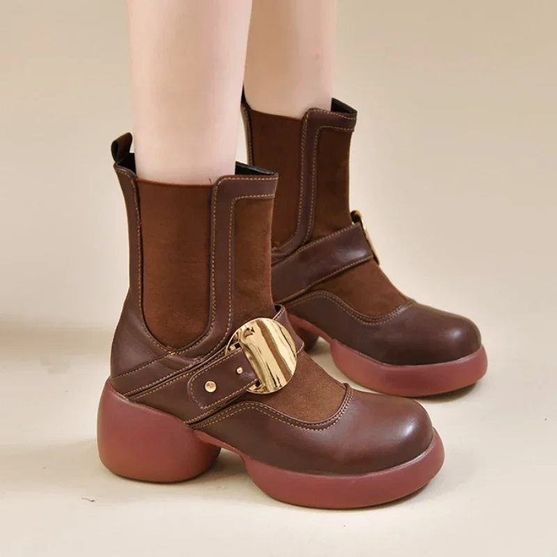 

New Brand Chelsea Boots Women Metal Buckle Platform Boots for Women Chunky Heel Fall Winter Short Boots Stretchy Botas Mujer