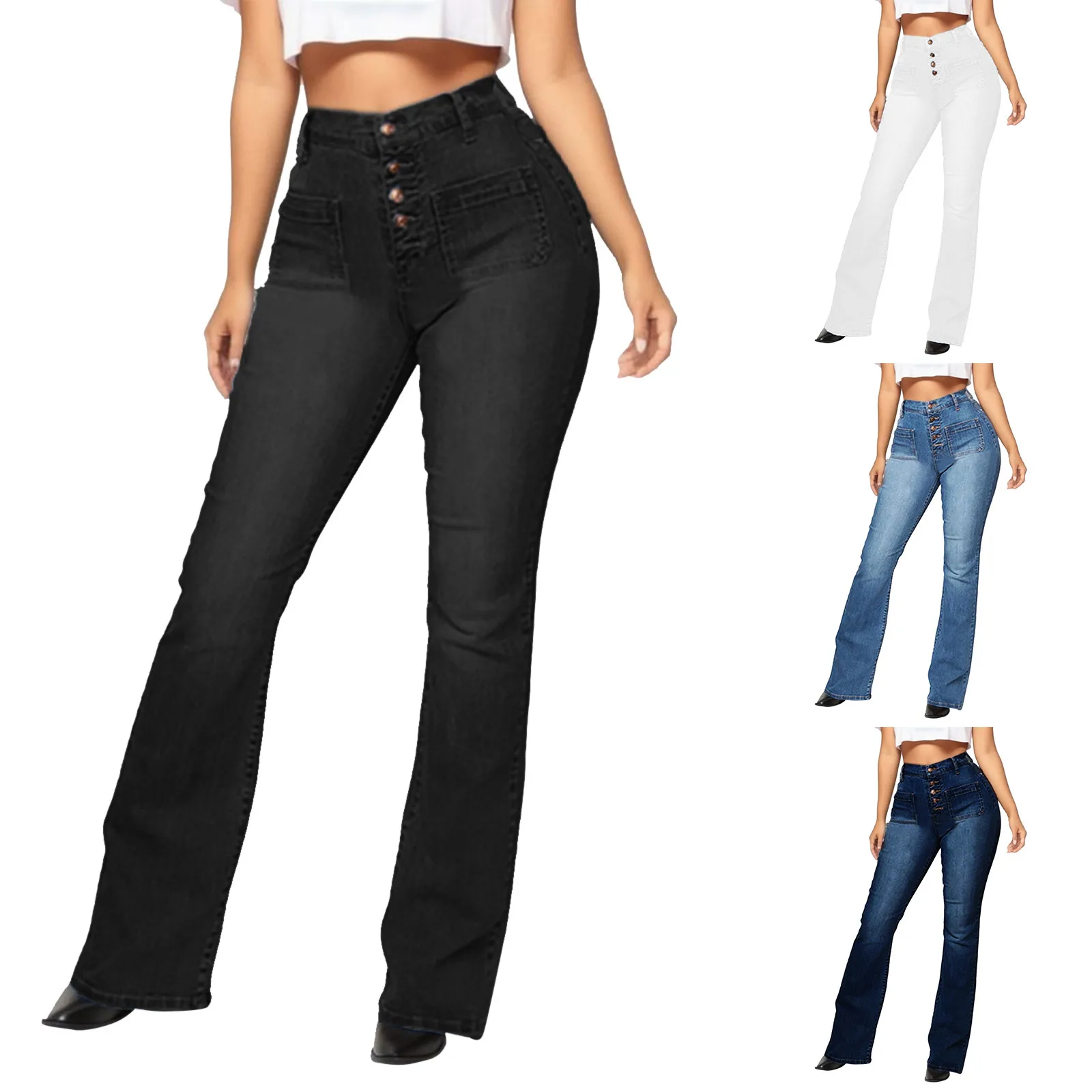 

Women Fashion Flare Jeans Button Fly Women's Raw Hem Flare Jeans Denim Pants Jean Femme High Waist Full Length Slim Jeans